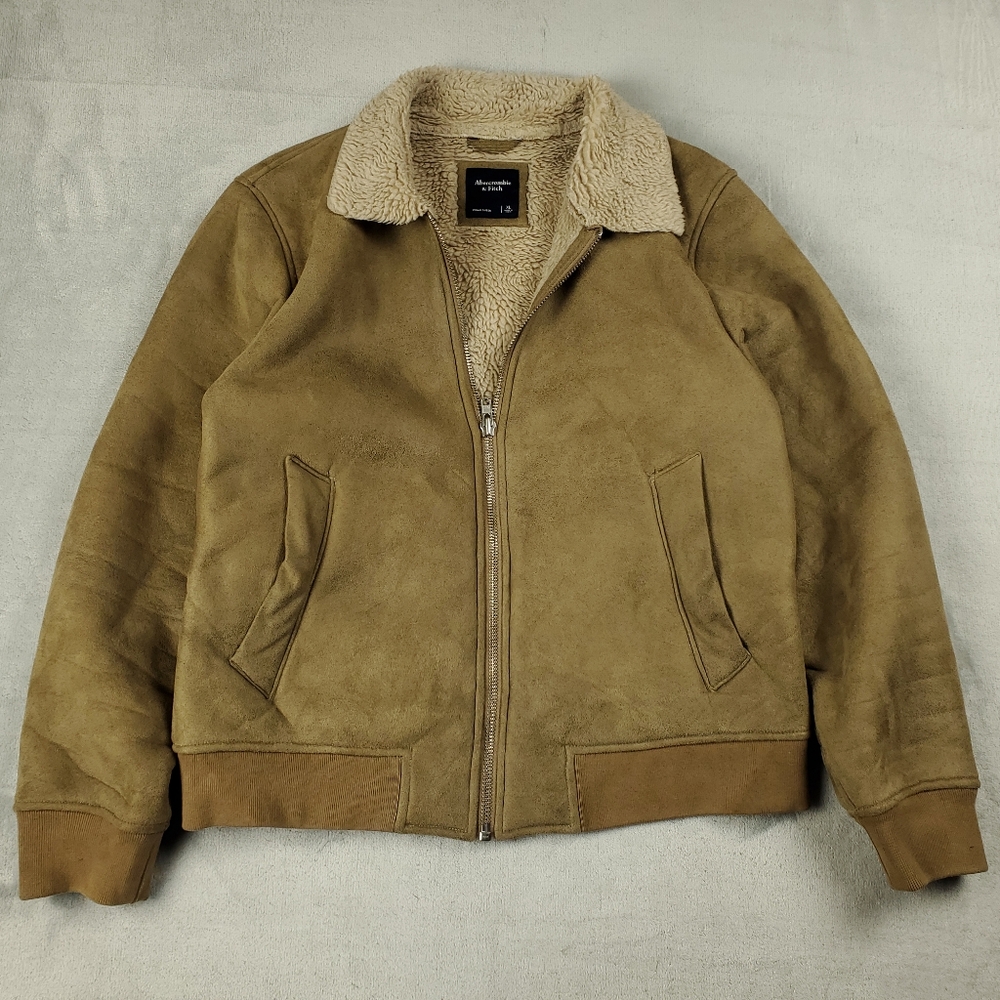 Abercrombie Fitch Vegan Suede Bomber Jacket Mens XL Faux Sherpa Lined Zip Up